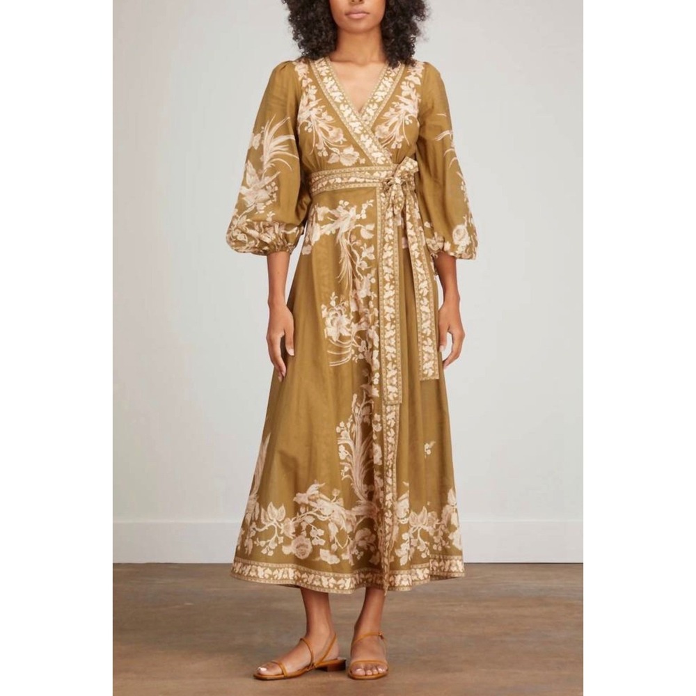 Anewsta Anneke Wrap Midi Brown Floral Bird Print‎ Midi Dress Long Balloon Sleeve